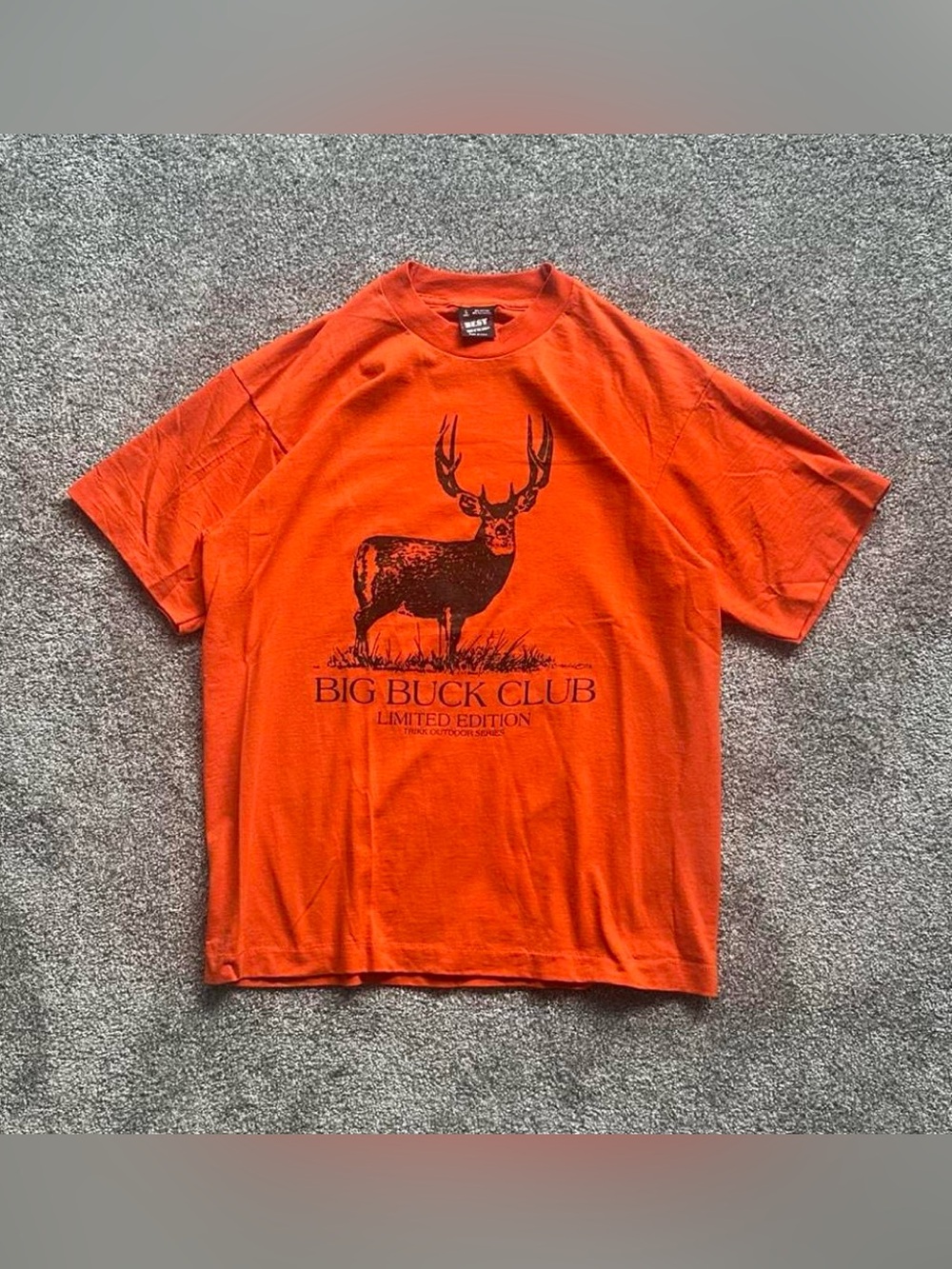 Vintage Single stitch USA Big Buck Club Deer Graphic T-Shirt Orange Made USA
